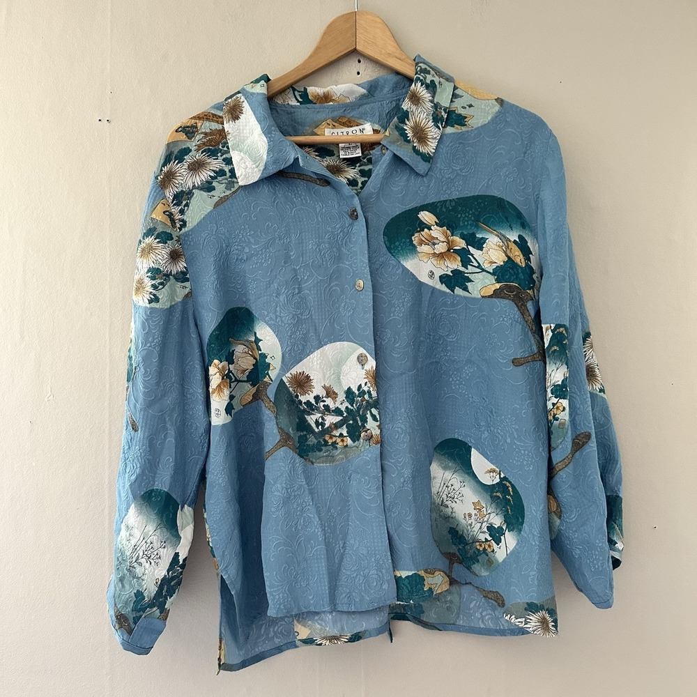 Citron Santa Monica Womens Silk Floral Button Up Size L Blue Art to Wear Boho